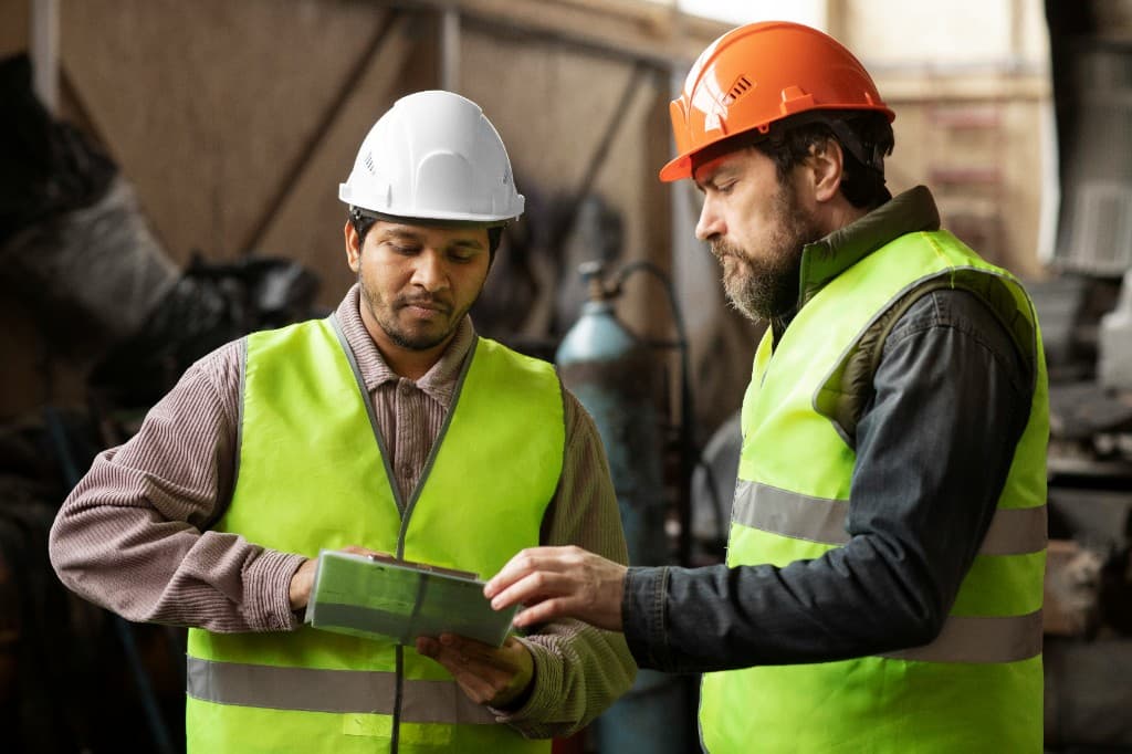 Two warehouse operatives in high-visibility vests reviewing a clipboard